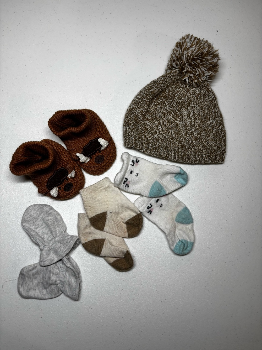 Kids Brown Knit Pom Beanie with Mixed Baby Socks Set